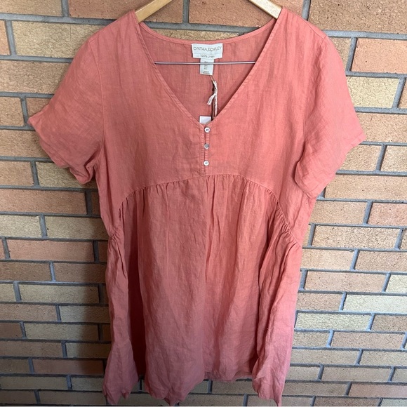 NWT Cynthia Rowley Women’s 100% Linen Ruffle Hem V Neck Coral Dress Size Large - Picture 1 of 6